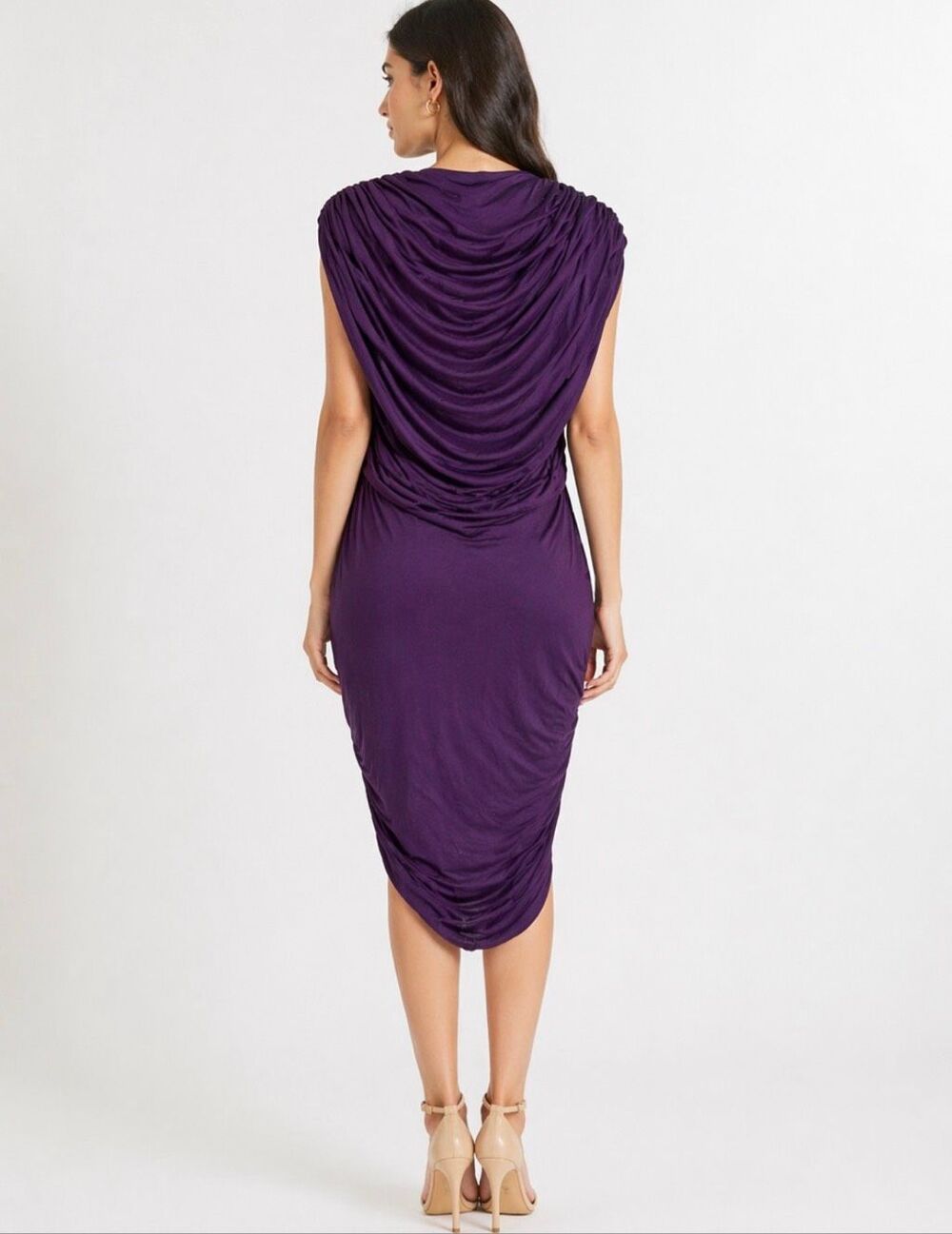3.1 Phillip Lim Plum Purple Silk Blend Draped Ruched V Neck Midi Dress M - Picture 8 of 8